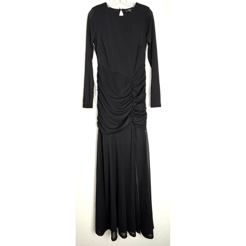 Lulus Vibrant Poise Black Mesh Ruched Sheer Maxi Dress Evening Gown L NWT 2667